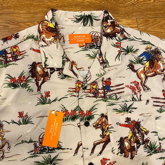 Negative Space Cowboy Western Wagon Horse Button Down Shirt Mens Small AOP NWT - Picture 4 of 7